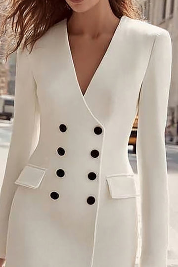 Ivory Double Breasted V Neck Sheath Midi Work Dress